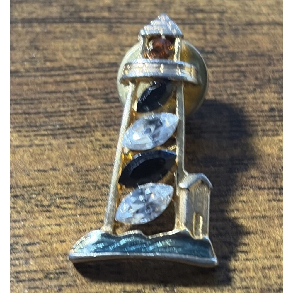 Lighthouse Shaped Tack Lapel Pin Rhinestones Green Enamel